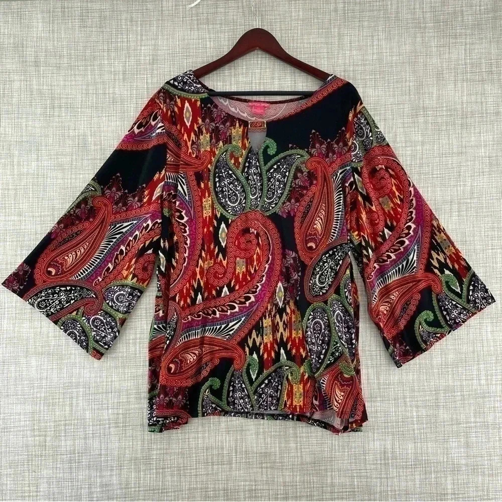 Sunny Leigh Boat neck Keyhole Amoeba print Pullover Wide Sleeve Blouse 3X